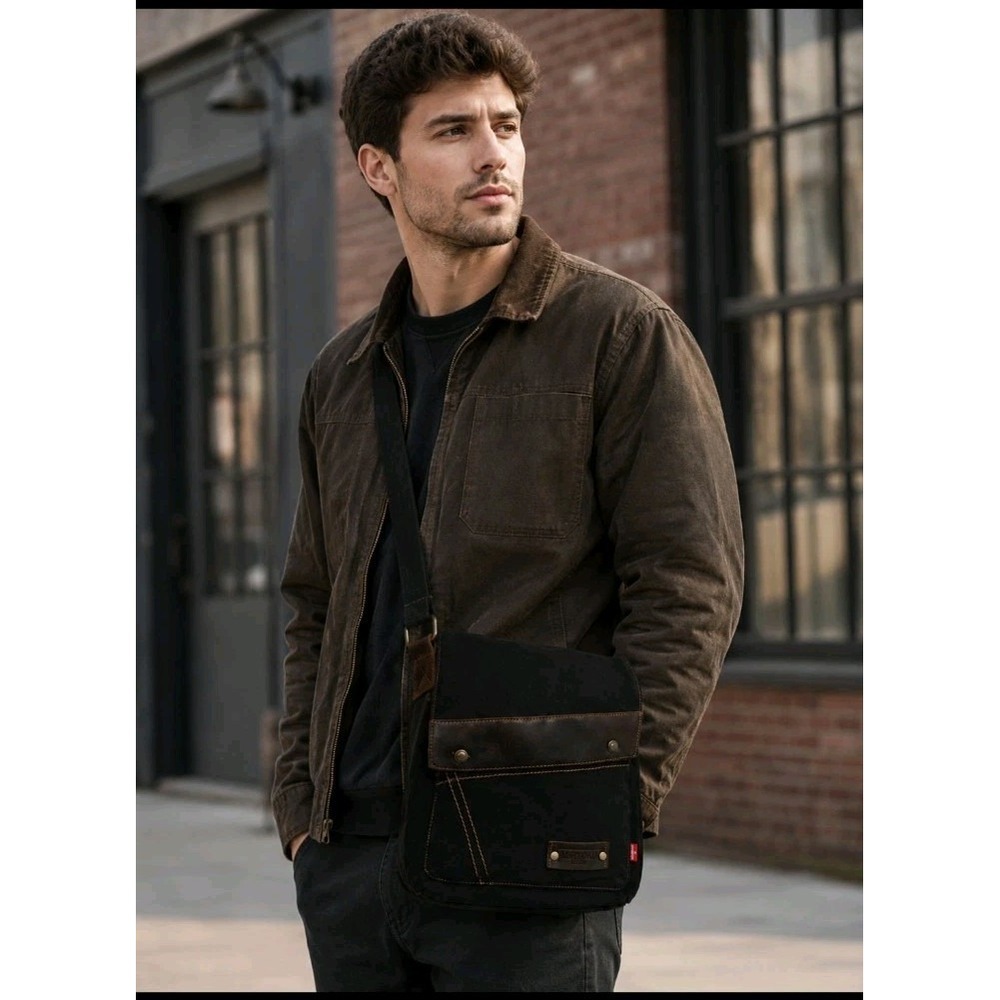 Augur Stratuss Black Canvas Messenger Bag  Brown Leather 12" x 11" Workwear